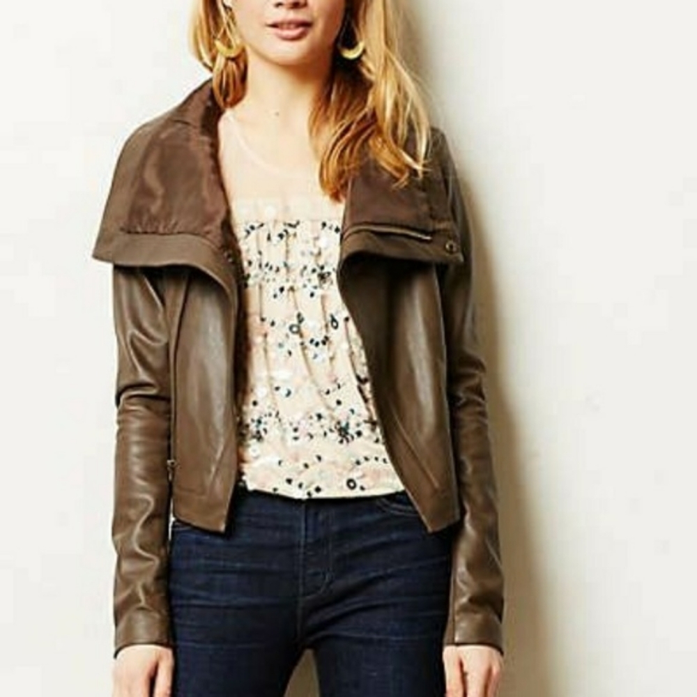 Anthropologie Elevenses Olive Green Leather Jacket
